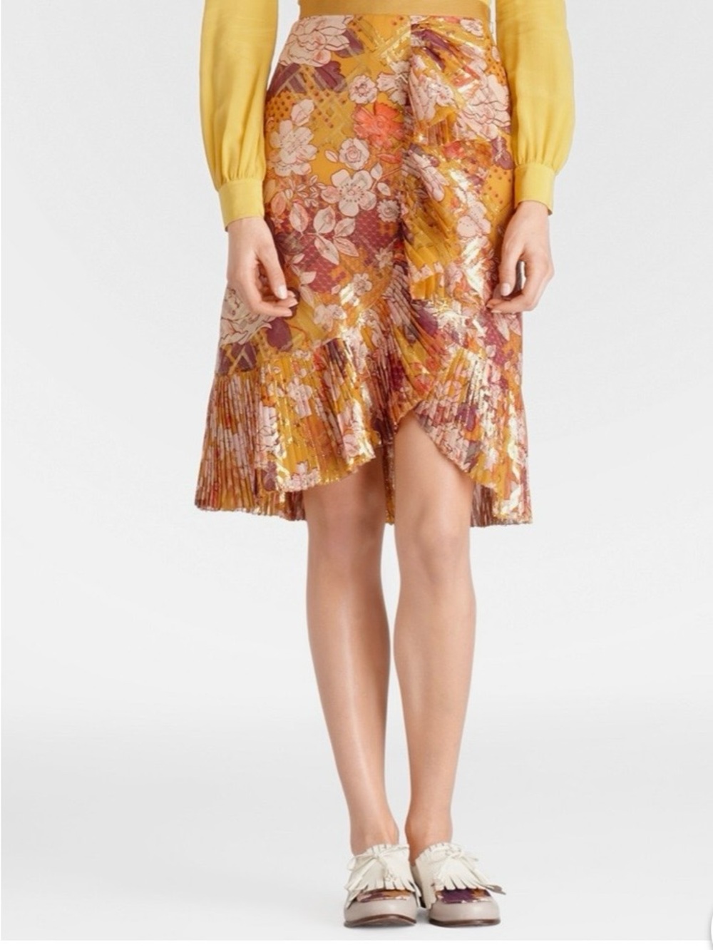 Tory Burch Opalina Marigold Floral Metallic Thread Silk blend A-Line Skirt Sz 10
